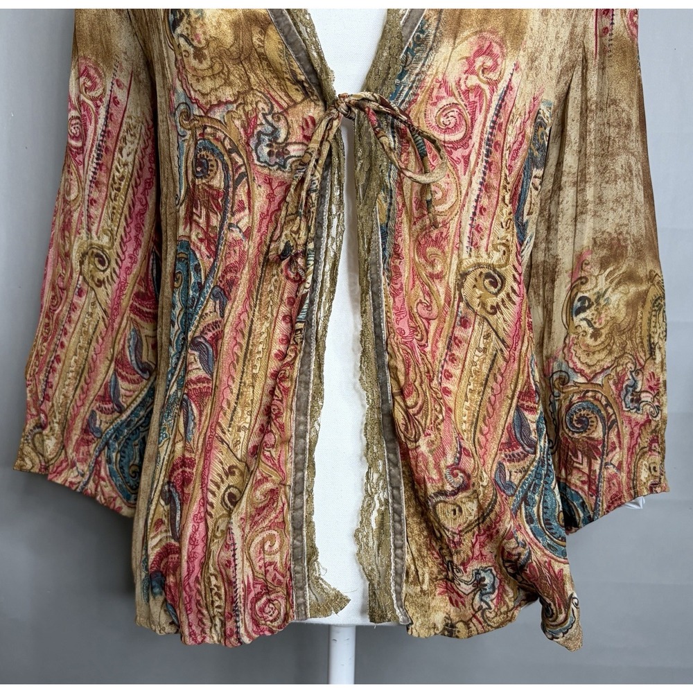 Vintage Piano Y2K Tie Front Blouse L Brown Pink Paisley Fairy Boho Festival Top - Picture 7 of 10